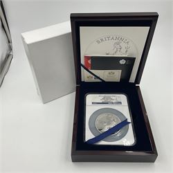 The Royal Mint United Kingdom 2013 'Britannia First Strike' five ounce fine silver proof coin, encapsulated and graded by NGC 'First Releases PF 69 Ultra Cameo', cased with certificates