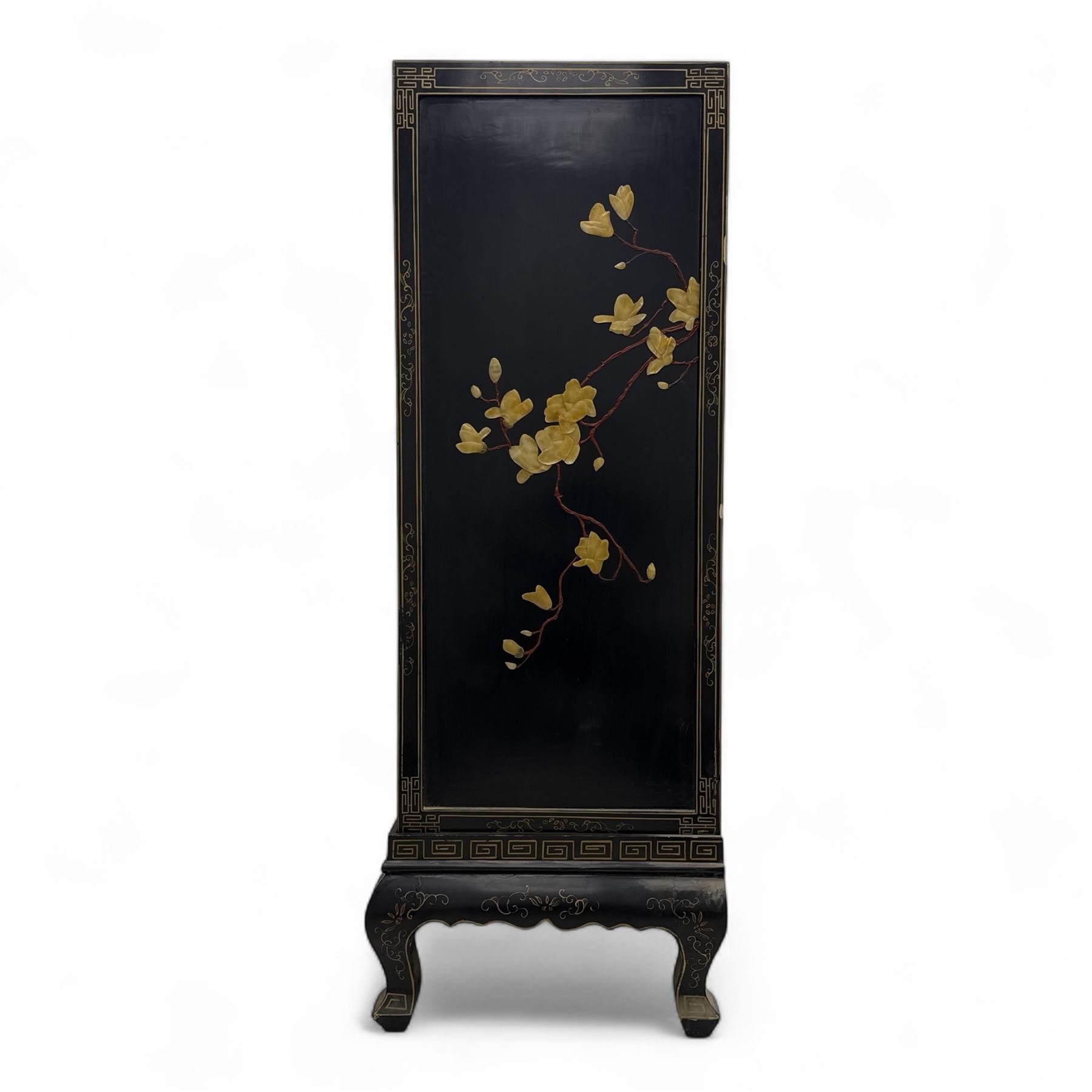 Late 20th century Chinoiserie black lacquer cabinet, the rectangular body decorated with hand-painted floral and foliate motifs in polychrome and gilt, fitted with four panel doors enclosing shelved interior, on shaped apron and stylised cabriole supports with gilt scrollwork