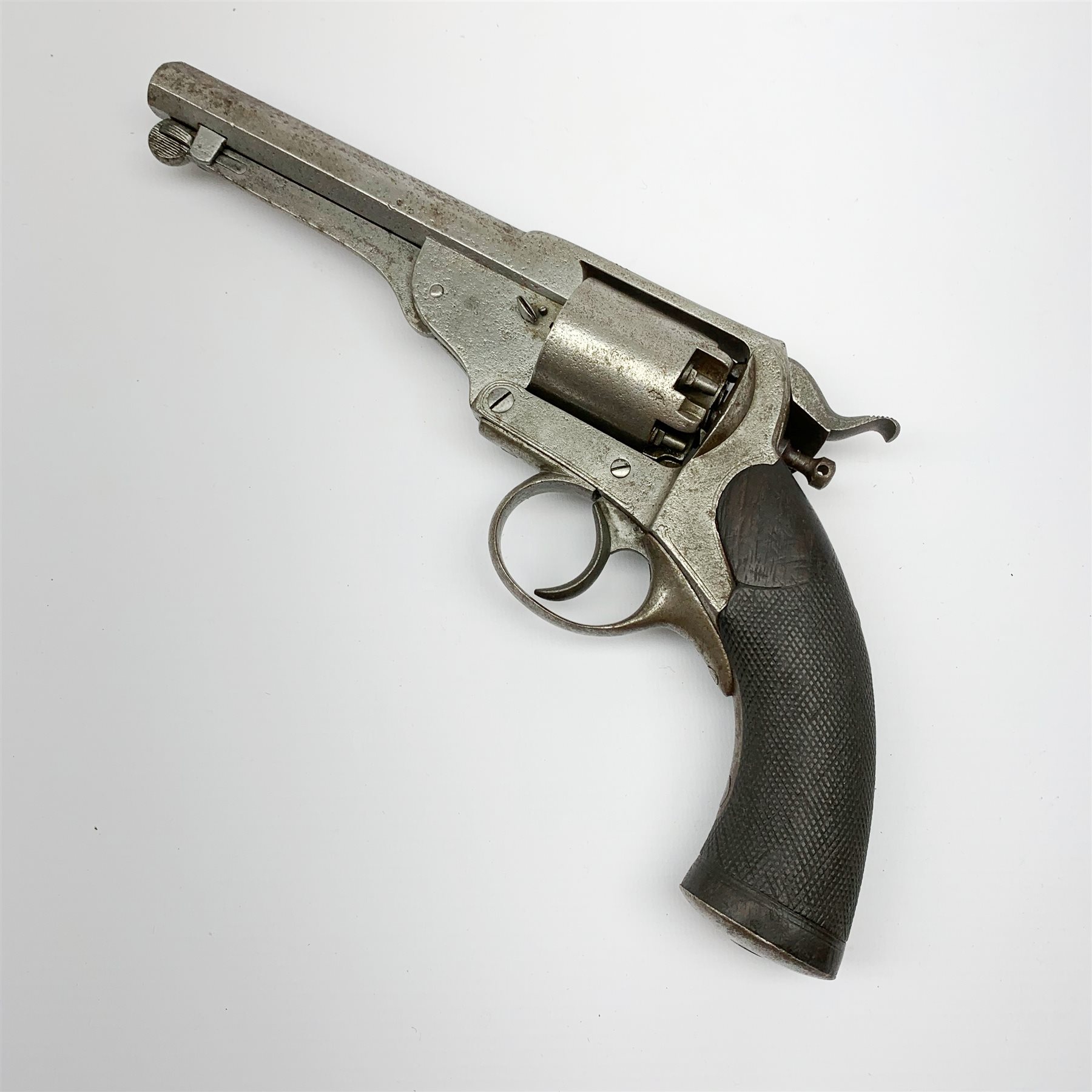 19th century English Kerr's Patent five-shot 54-bore side hammer percussion cap revolver, the 14cm octagonal barrel indistinctly marked to the top 'London Armoury', engraved 'Kerr's Patent 624' on the right frame beneath the cylinder, chequered walnut stock 30cm overall