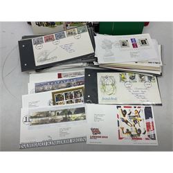 Stamps including Great British Queen Elizabeth II Royal Mail first day covers mostly with special postmarks, various mint pre and post decimal mint stamps, Isle of Man TT100 book by Mick Duckworth complete with stamps, World stamps etc, housed in various albums/folders and loose, in one box