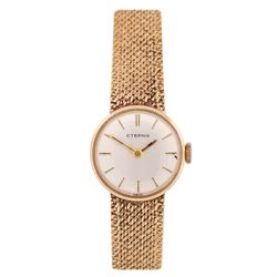 Eterna ladies 9ct gold manual wind wristwatch, silvered dial with baton hour markers, on i...