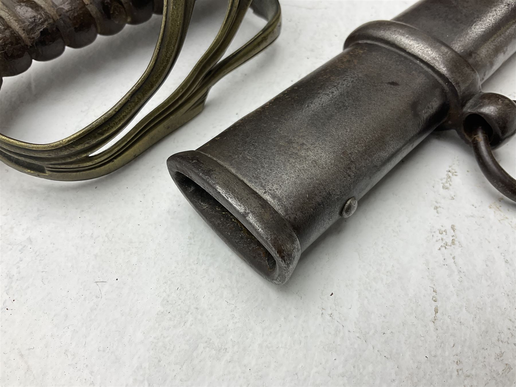 19th century Imperial German army heavy cavalry officers sword by Schnitzler and Kirschbaum, with 89cm single fullered steel blade and sheet steel basket hilt with teardrop cut-out and wire-bound leather grip L107.5cm overall; in steel scabbard with two suspension rings; and British Army 1822 Pattern Infantry Officer's sword in associated scabbard (2)