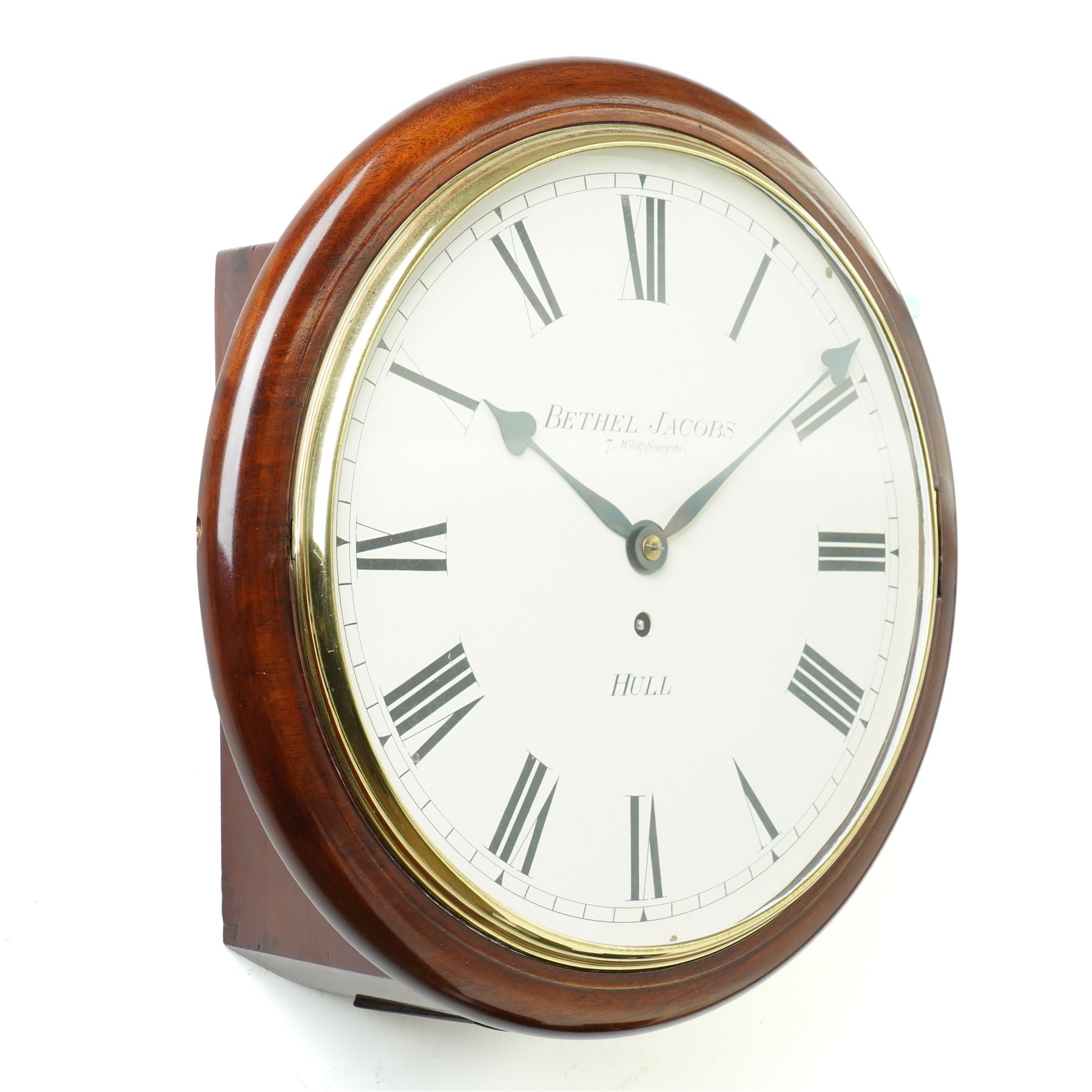 Mid 19th century dial clock  the white dial inscribed 'Bethel Jacobs, 7 Whitefriargate, Hull' with eight day fusee movement in mahogany case, diameter of dial 30cm