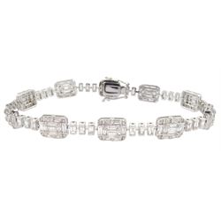 18ct white gold baguette and round brilliant cut diamond bracelet, stamped 750, total diamond weight approx 4.70 carat
