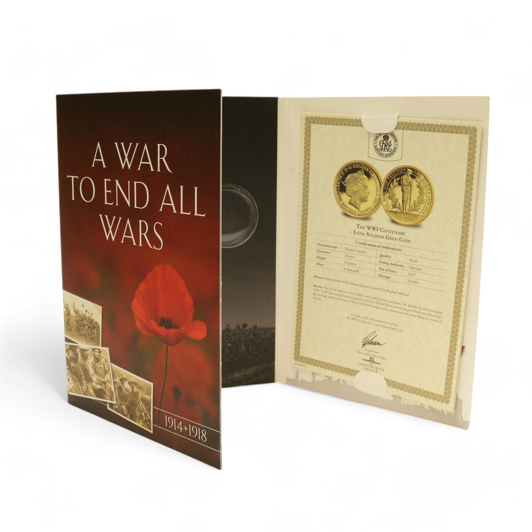 The London Mint Office 'A War To End All Wars', part coin set including Queen Elizabeth II Gibraltar 2017 9 carat gold 10 grams double crown coin etc, in card folder
