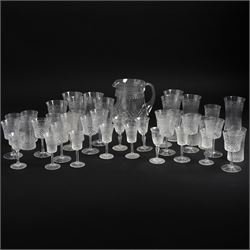 Suite of early 20th century cut and etched table glass comprising nine tumblers, ten small...