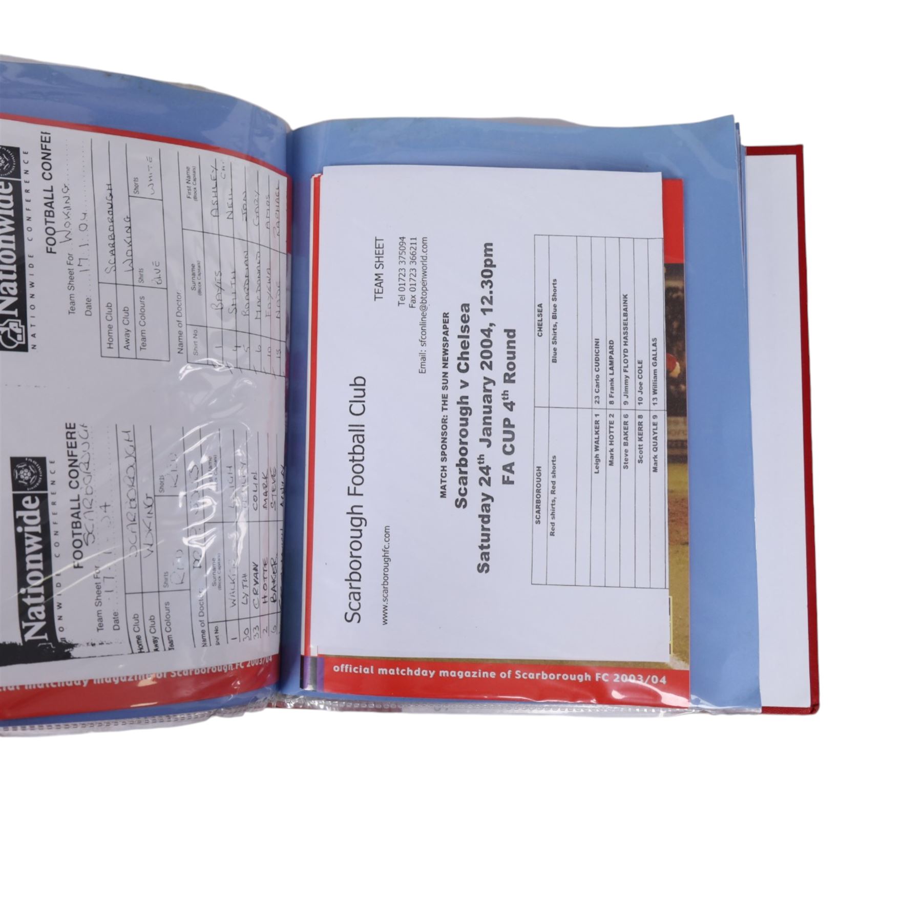 Comprehensive collection of approximately two hundred and thirty Scarborough FC football programmes for the 2003/04, 2004/05, 2005/06 and 2006/07 seasons, all filed within eight dedicated Scarborough FC red Home and Away binders