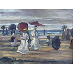 Follower of Maurice Brazil Prendergast (USA 1858-1924): Figures on the Beach St. Malo, oil on board bears signature 34cm x 44cm