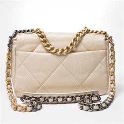 Chanel - ‘19’ Medium Flap Bag, the model introduced in 2019 as one of the final designs associated with Karl Lagerfeld, in cream quilted lambskin leather with mixed gold, silver and ruthenium-tone chain strap and signature CC monogram turn-lock fastening, unused with original dust bag and box