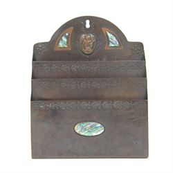 Arts and Crafts bronze letter rack, with three divisions, abalone cartouche to the front, ...