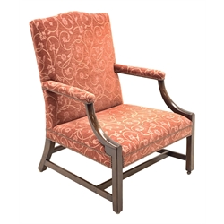 Georgian mahogany Gainsborough open armchair, serpentine cresting rail, upholstered in pale red fabric decorated with scrolled interlacing floral pattern, down curved arm supports, moulded front supports with chamfered inner edge, brass and leather castor, W72cm (max), H99cm, seat width - 61cm, seat height - 40cm