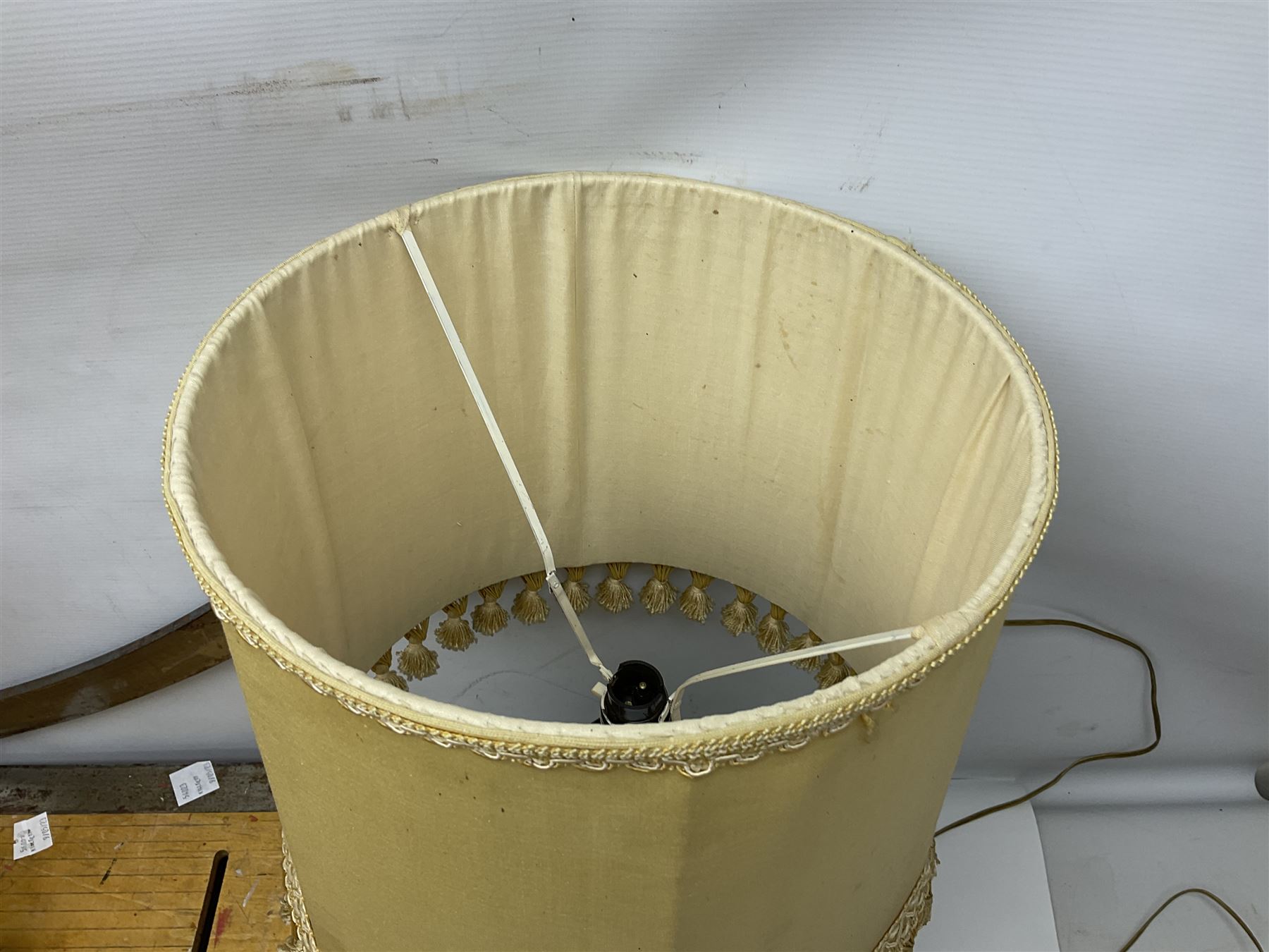 Coal bucket painted with flowers together with pair of bellows, boot scraper in the form of a beetle, wooden guillotine, composite table lamp with tassel lampshade and one other