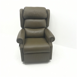 Electric reclining armchair upholstered in a green leather, W84cm