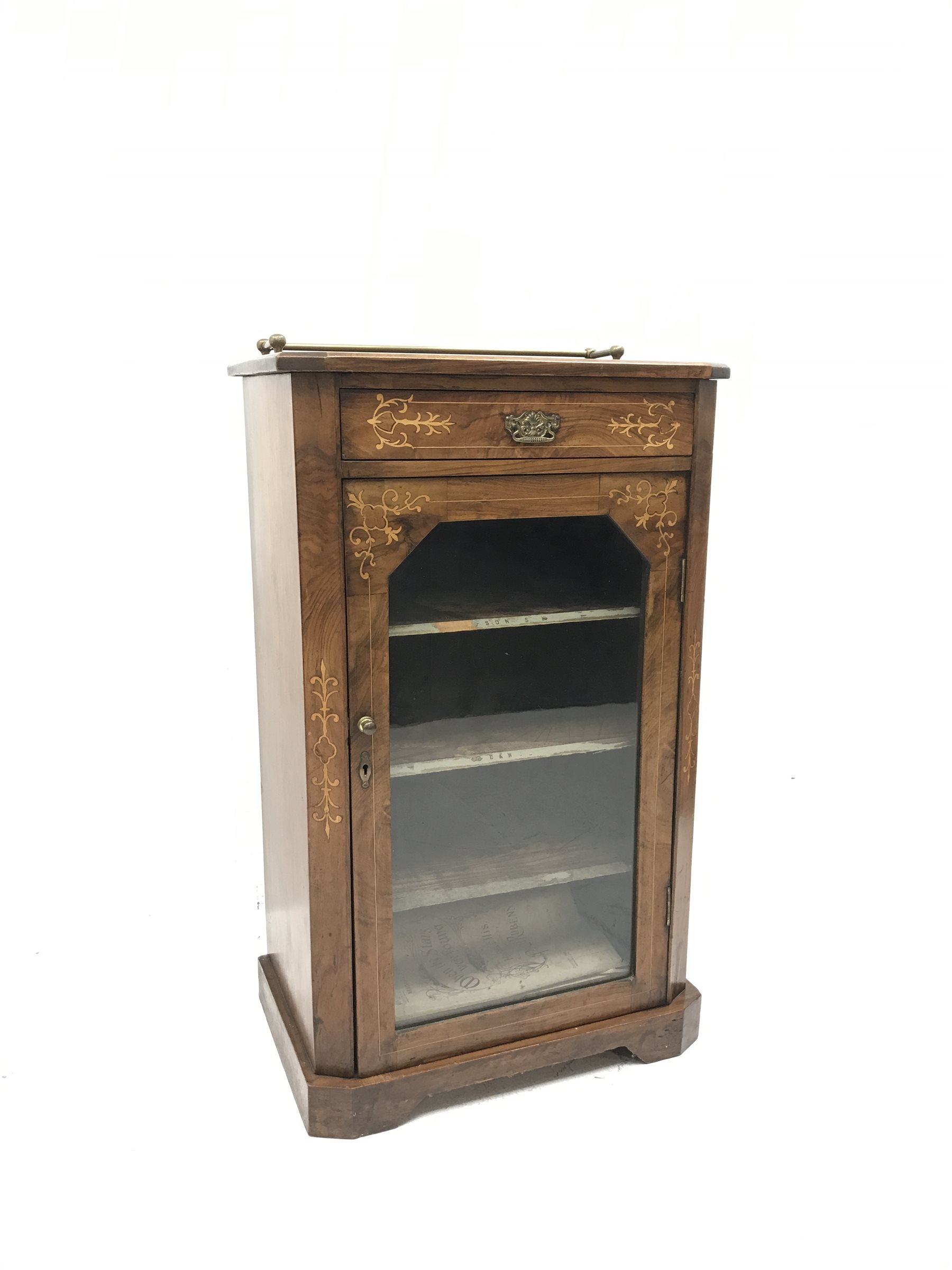 Victorian inlaid walnut music cabinet, single drawer above glazed door enclosing three shelves, W53cm, H88cm, D35cm