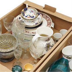 Mixed ceramics and glass, Fords China service and matched items, Victorian wash jug with botanic decoration, etched glass, etc, contents in three boxes