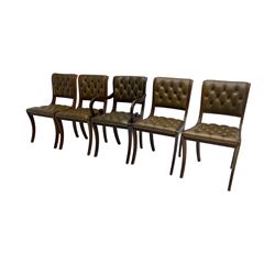 Set five (4+1) Georgian design dining chairs, back and seat upholstered in buttoned olive leatherette with reeded supports