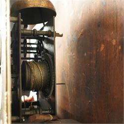 Samuell Hollyar of London - mid-18th century, figured mahogany Longcase clock with a swan neck pediment and brass parterre, with glass panels to the sides and reeded pilaster flanking the hood door, conforming recessed pillars to the trunk and a wavy toped door with  inlay, square plinth raised on bracket feet, With a brass dial with cast spandrels and makers name to the arch, matted dial centre with steel hands, seconds dial and date aperture, silvered chapter with Roman numerals, five minute Arabic's, minute and inner quarter hour tracks, dial pinned to an 8-day rack striking movement, sounding the hours on a bell. With weights and pendulum.
Samuel Hollyar is recorded as being apprenticed in London in 1683 and a member of the clockmakers company 1705-20.