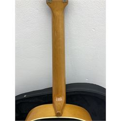 1950s acoustic guitar with f-holes and pickguard L105cm; black fur lined hard carrying case