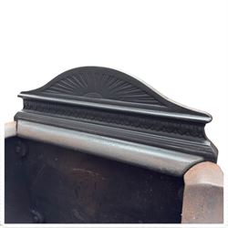 Three cast iron fireplace fittings, comprising a Regency-style fire grate with sunburst crest, urn finials, bowed basket and scroll supports (W58cm H63cm); Victorian fender with pierced acanthus frieze and foliate base (W64cm H20cm); Gothic Revival fireplace with fleur-de-lis crest, arched surround and integral fire basket (W41cm H87cm)