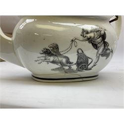 Early 19th century Staffordshire bat printed part tea service, decorated in black after Adam Buck with scenes of mother and child and other varying classical style scenes, within black bands, comprising teapot, slop bowl, jug, seven teacups and five saucers 