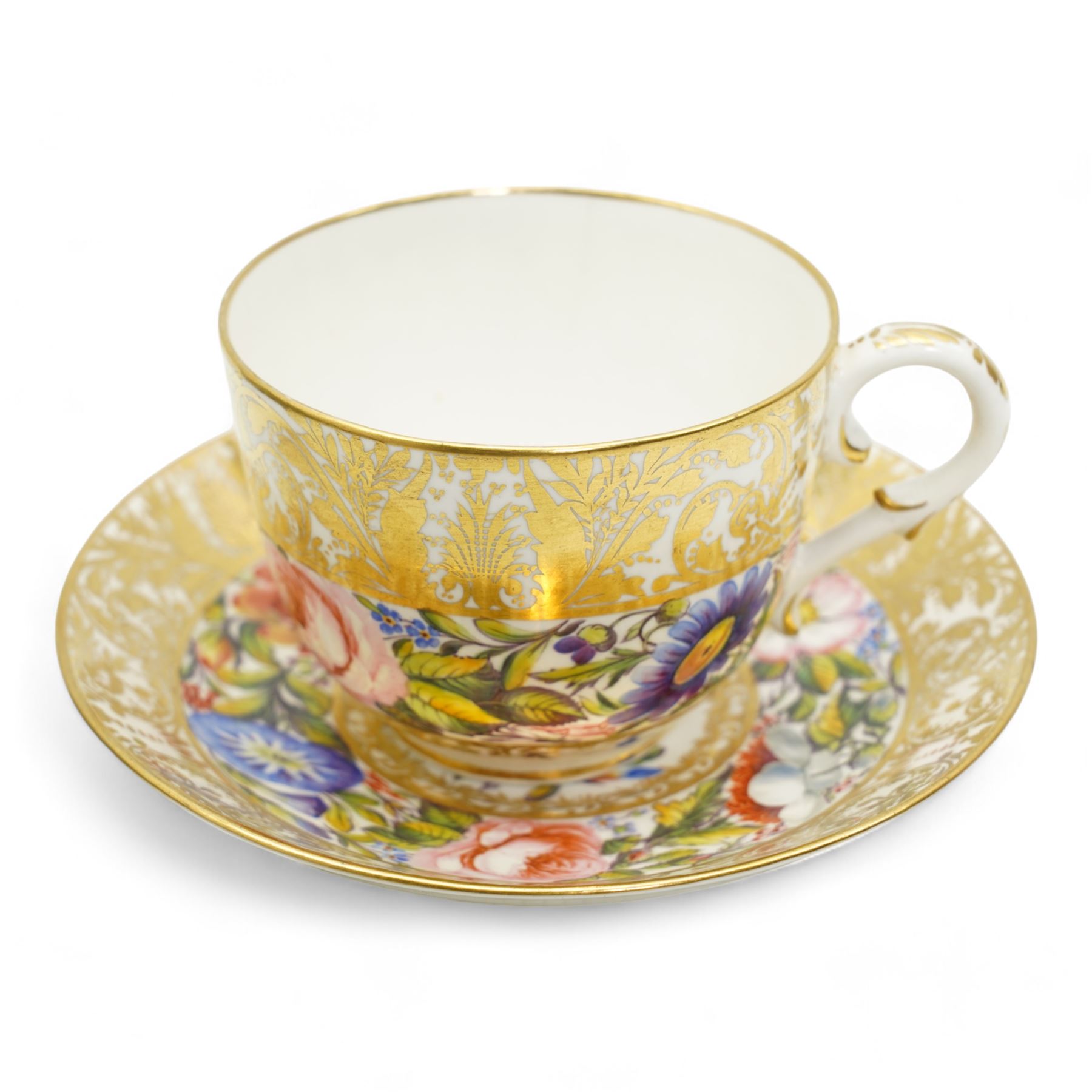 Early 20th century Sampson Hancock Derby porcelain breakfast cup and saucer, painted by  Harry Sampson Hancock, with central sprays and trailing flowers, within scroll gilt borders, painted marks beneath, saucer D14cm, cup H7cm