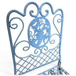 Three-piece French style blue-painted wrought iron garden bistro set, comprising a circular folding table with latticework top and central fruiting grapevine medallion (W71cm H76cm) and matching pair of chairs, with scrolling cresting rail and grapevine motif over folding X-frame base (W40cm H98cm)