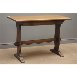  20th century rectangular oak side table, singular drawer with handles, two solid end supports joined by single stretcher, W107cm, H74cm, D52cm  