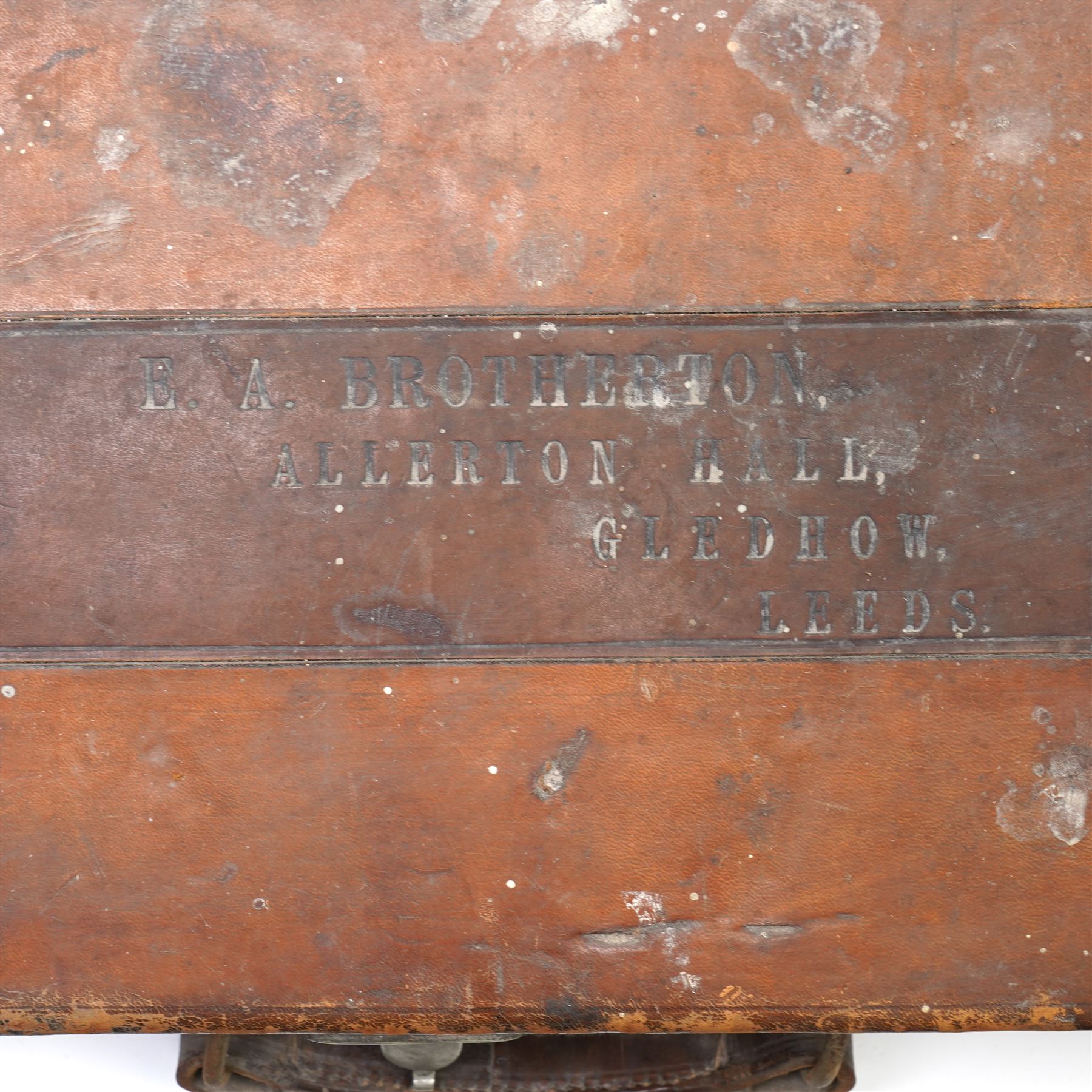*Leather shotgun case with the label of James Purdey & Sons, London, inscribed 'Colonel Sir Edward Allen Brotherton, Bart MP, Kirkham Abbey, Via York 'and two others with the labels of Linsley Brothers (3)From the Kirkham Hall Attic & Cellar Collection, sold without reserve