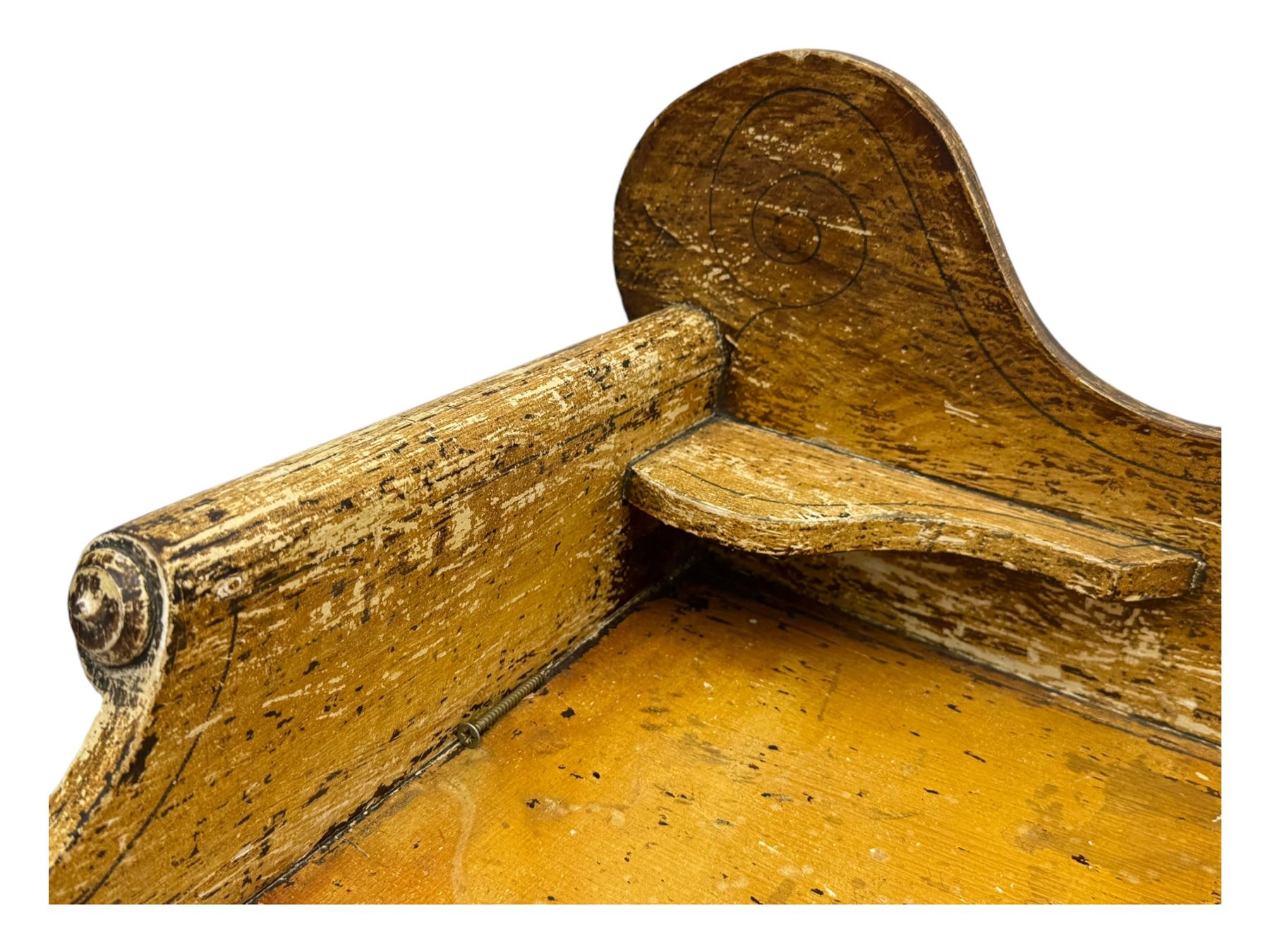 Victorian scumbled pine dressing table, rectangular top with shaped and scrolled gallery back, fitted with two drawers with ceramic knobs, on turned supports