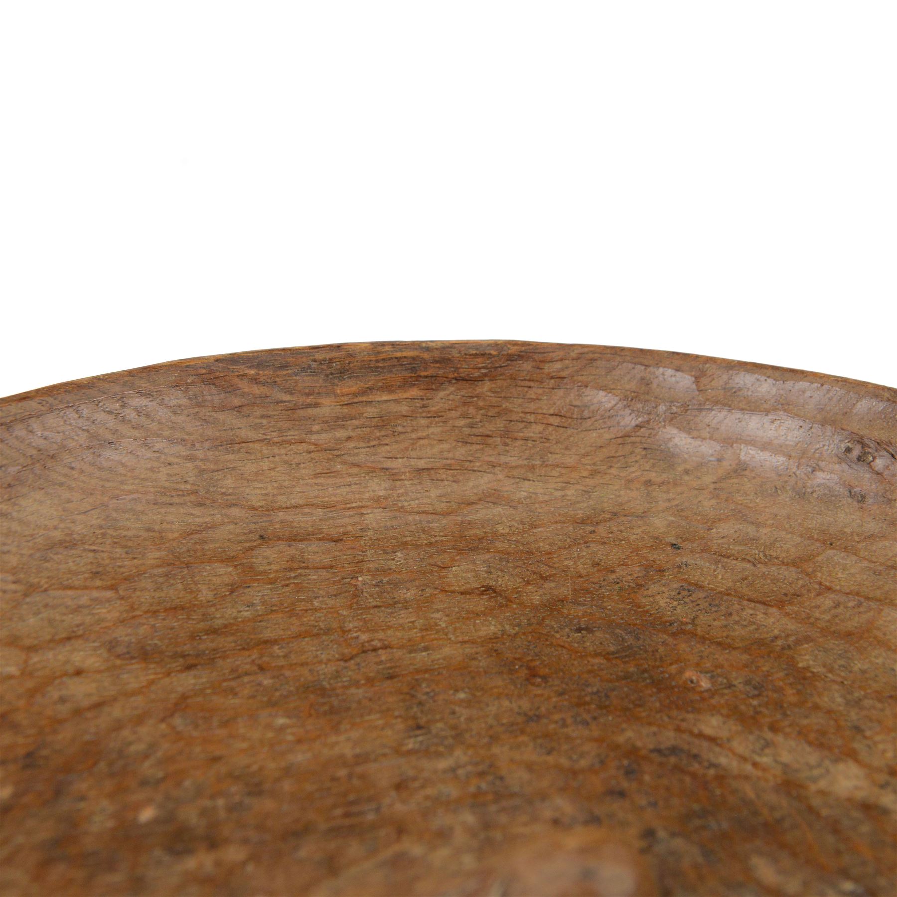 Rabbitman - circular tooled oak fruit bowl, carved with rabbit signature, by Peter Heap, Wetwang
