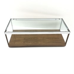  Merrow Associates chrome framed glass top coffee table, walnut under tier on castors, W122cm, H41cm, D57cm  