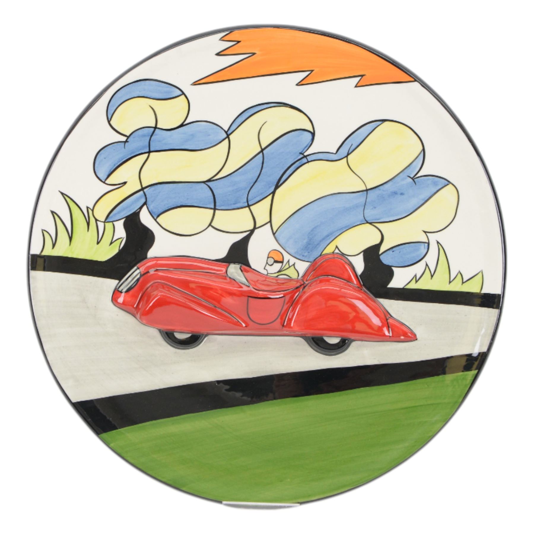 Lorna Bailey charger, limited edition no. 1/1, decorated with a race car in relief within bright stylised landscape, signed verso, D34.5cm