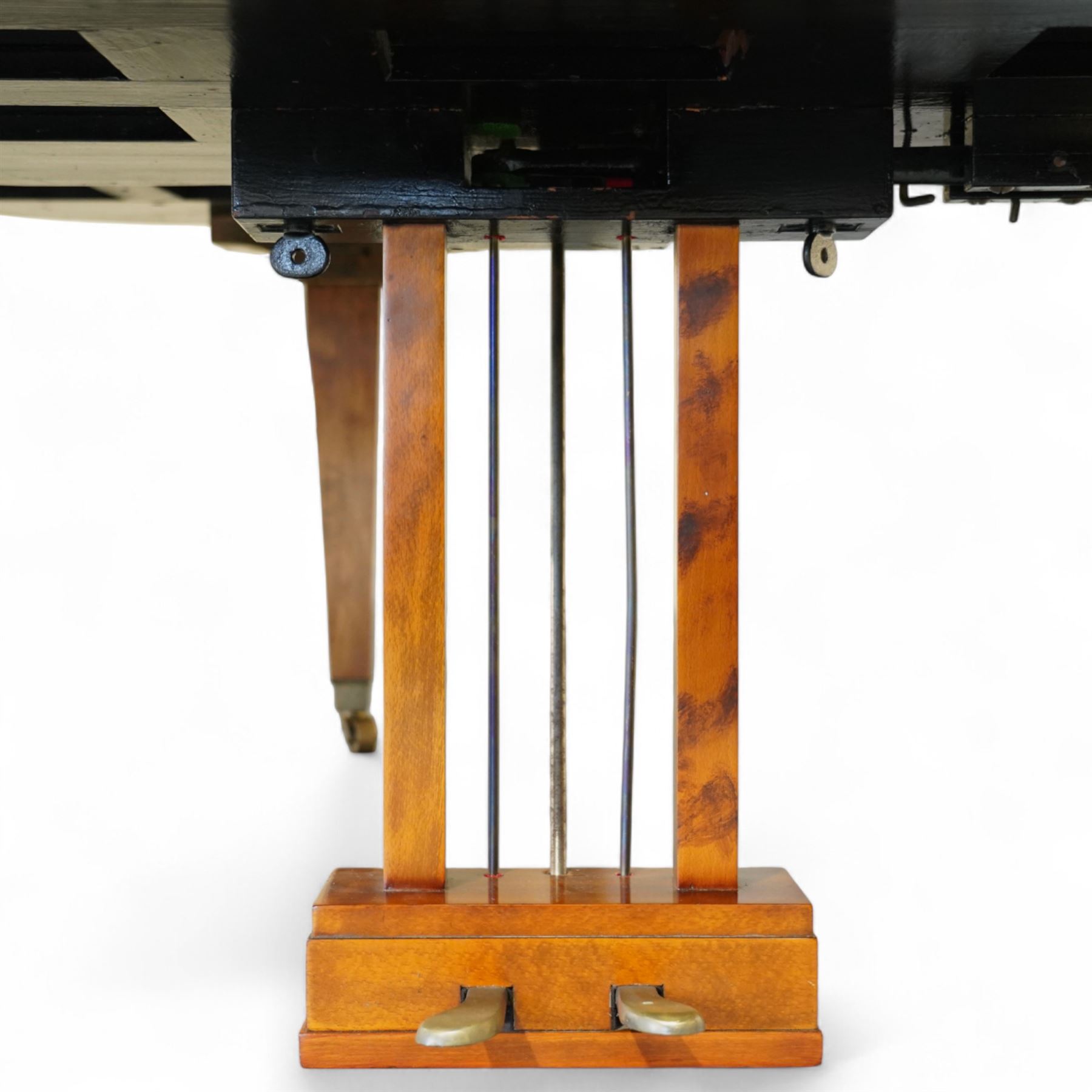 Julius Bluthner-light mahogany overstrung Baby Grand Piano serial No 118183 (1934), with a grand roller action, 88 ivory and ebony keys AO-C7, raised on three square tapered legs with brass castors, adjustable music desk and Lyre with sustain and una-corda pedals, recently (2007) thoroughly restored, case re-finished and polished, action completely overhauled and adjusted with good repetition, frame totally re-strung including copper wound bass strings, new tuning pins, hammer heads, dampers and traditional blue Bluthner string felt, in very good playing condition. With a matching adjustable piano stool fitted with a leather cover. Tuned to concert pitch, A=440.  Complete with key fall lock and key and three castor cups.
This item has been registered for sale under section 10 of the APHA Ivory Act, Reference X76CPCS8