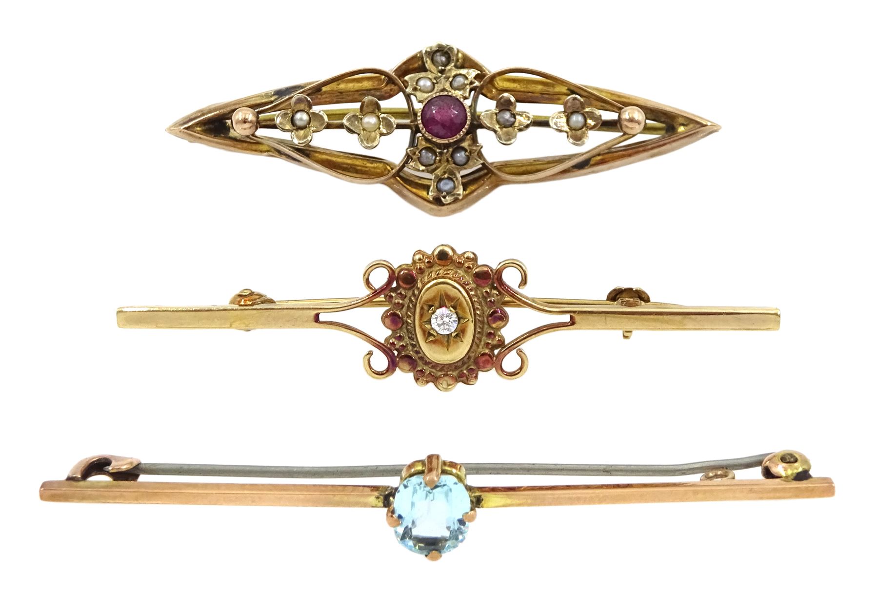 Edwardian gold garnet and seed pearl bar brooch, diamond bar brooch and one other, all 9ct stamped or tested (3)