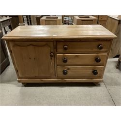Victorian pine dresser, fitted with single cupboard door with shield shaped panel and three drawers, on bun feet - THIS LOT IS TO BE COLLECTED BY APPOINTMENT FROM THE OLD BUFFER DEPOT, MELBOURNE PLACE, SOWERBY, THIRSK, YO7 1QY