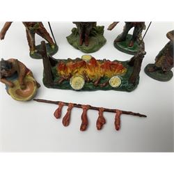 Five Elastolin American Indian figures, together with an Elastolin campfire and a cowboy tied to a tree, tallest H11cm