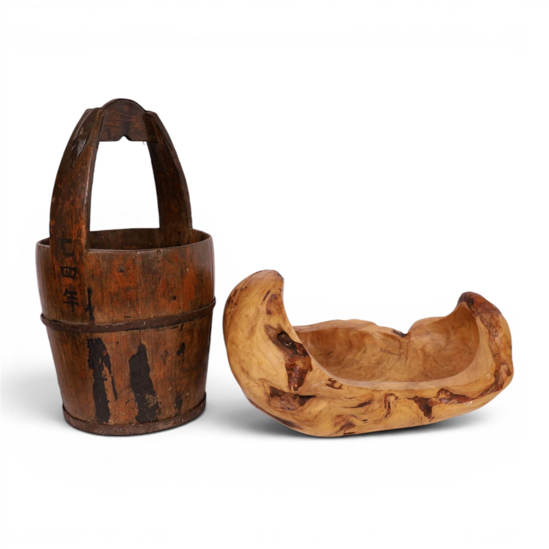 Chinese wooden well bucket, together with a carved wooden bowl, bucket H62cm
