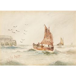 Austin Smith (British fl.1913-1928): Sailboats off Scarborough, pair of watercolours signed; together with Alfred Durham (British 19th century): Coastal Views of Scarborough, set of three watercolours heightened with white signed and one dated 1907 max 18cm x 32cm (5)