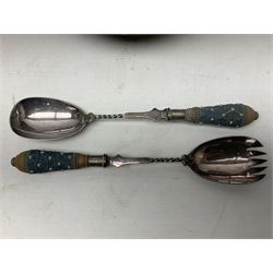 Five pieces of Doulton Lambeth silicon, comprising  salad bowl with plate mounted rim and handles, a pair of similar salad servers, vase and jug, jug H16cm