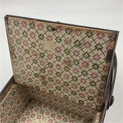 19th century rosewood Tunbridge Ware basket, of rectangular form with curved bentwood handle, and twin hinged sloping covers, lifting to reveal paper lined interiors, not including handle H5.5cm D10.5cm L18cm