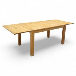 Contemporary solid light oak kitchen dining table, rectangular plank effect top raised on ...