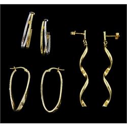 Three pairs of 9ct gold earrings including white and yellow gold hoop, twist and yellow gold hoop twist, stamped or hallmarked