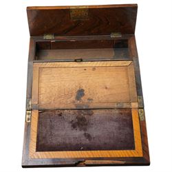 Cased set of six mother of pearl handled fish knives and forks with servers, small 19th century table writing slope,, two glass decanters etc