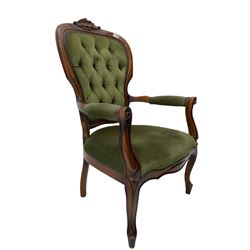 Victorian style stained beech armchair, buttoned upholstery