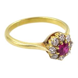 Early 20th century ruby and old cut diamond cluster ring, stamped 18ct