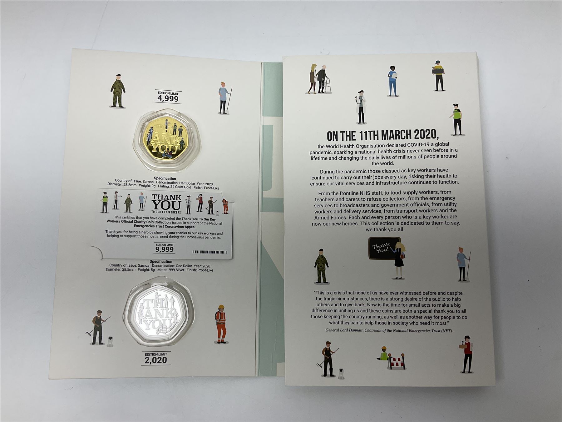 'Thank You To Our Key Workers Official Charity Coin Collection' comprised of fourteen Queen Elizabeth II Samoa half dollar coins including one minted in fine silver, the others being plated, housed in the official folder