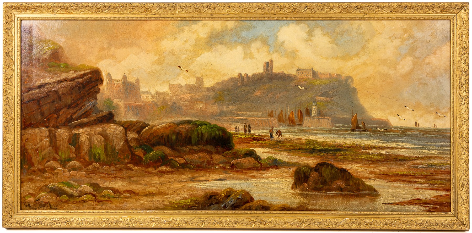 William Thairlwall (British 1844-?): Scarborough South Bay, oil on board signed 43cm x 97cm
