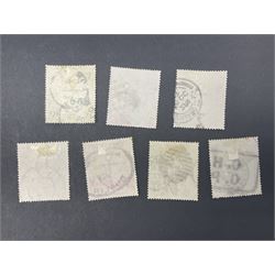 Great Britain Queen Victoria 1883-4 stamps, comprising three two shillings and sixpence, two five shillings and two ten shillings, all used, all previously mounted