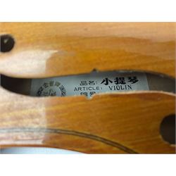 Four student violins - two Chinese three-quarter size with 33.5cm and 34cm two-piece backs; Stringers of Edinburgh quarter size with 28cm two-piece back; and Stentor quarter size with 28cm two-piece back; each in carrying case (4)