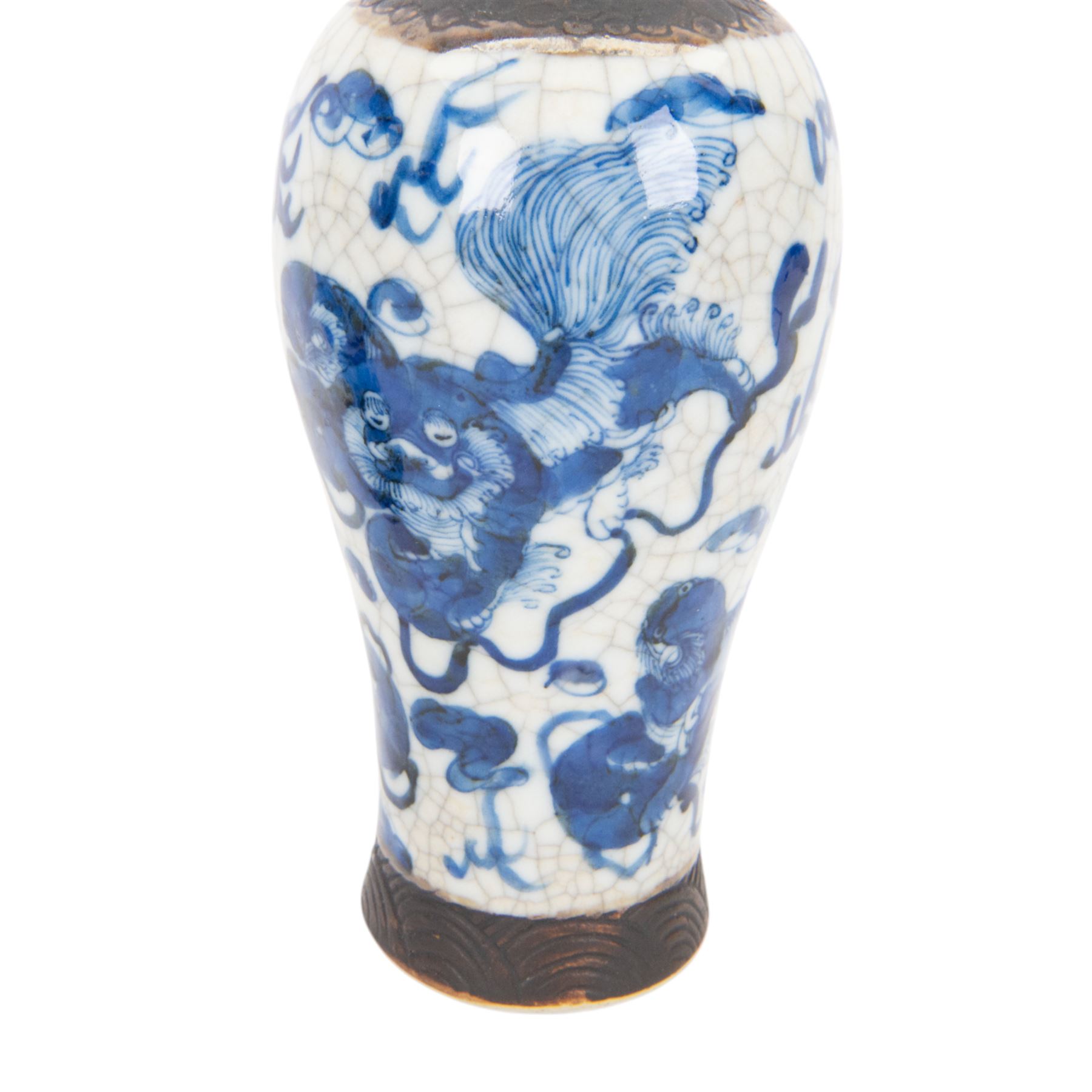 Pair of 20th century Chinese crackle glaze vases, of baluster form, decorated with dogs of foo amongst clouds, H23cm